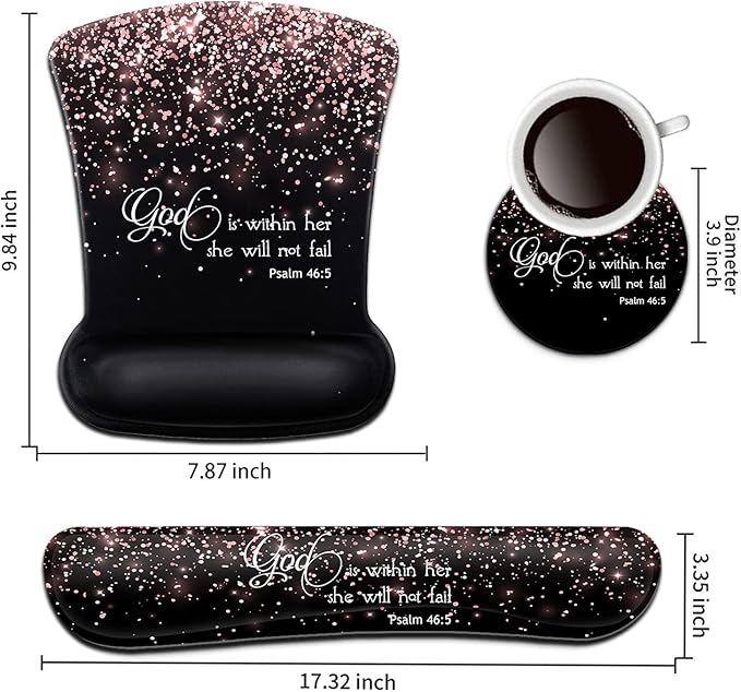 Keyboard Wrist Rest Pad and Ergonomic Mouse Pad Wrist Support Set Psalm 46:5 God is Within Her,She Will Not Fall Rose Gold Black for Gaming,Office,Comfortable and Pain Relief with Coaster Set