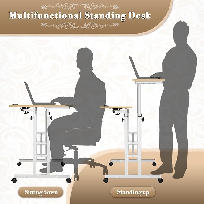 Athena Collection Height Adjustable Rolling Desk Mobile Portable Laptop Stand Cart Small Sit Standing Desk Computer Table Workstation for Home Office, Natural