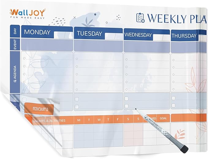 Dry Erase Calendar – 39.4x16” Weekly Dry Erase Board for Wall, Clear Weekly Planner Whiteboard, Adhesive-Free Calendar Whiteboard Sticks to Any Smooth Surface, Weekly Schedule Whiteboard