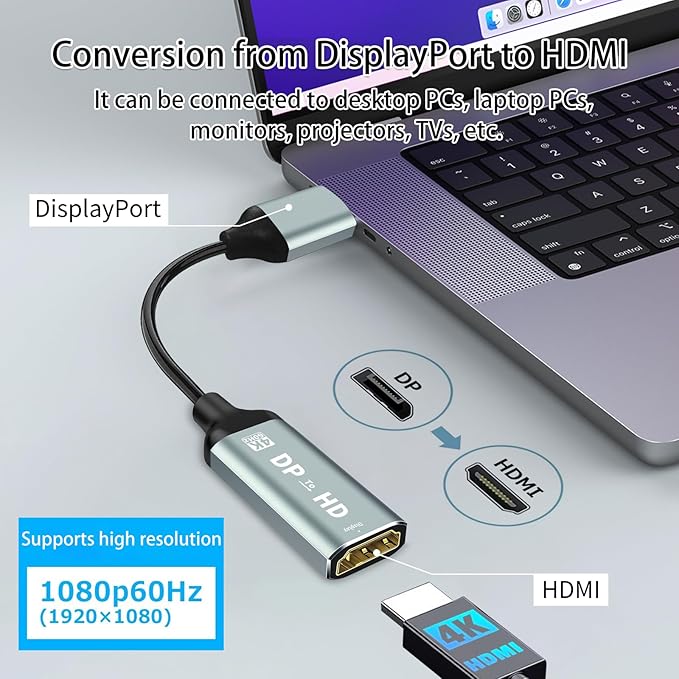 MaxRenard Display Port to HDMI Adapter,DP 1.2 to HDMI 4K 60Hz High Resolution,Audio/Video Sync,Compatible with Dell and HP,DisplayPort to HDMI Converter for HDTVs,Monitors,projectors,Computers
