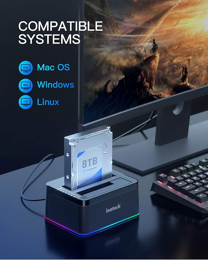 Inateck RGB SATA to USB 3.0 Hard Drive Docking Station with Offline Clone, for 2.5 and 3.5 Inch HDDs and SSDs, UASP Supported, Black SA02003