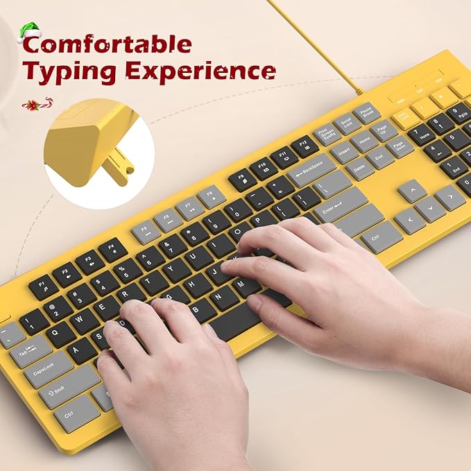 Wired Keyboard, Ultra-Thin USB Wired Computer Keyboard, Low-Profile Keys, Spill-Resistant, Multimedia Keys, Compatible with Windows, Mac, Chrome, Linux, and Android-Yellow