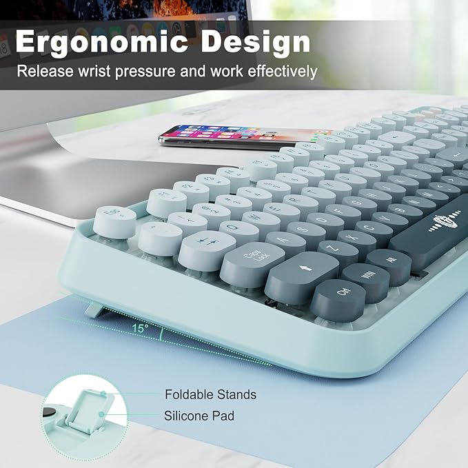 Wireless Keyboard and Mouse Combo Cute Colorful Keyboard and Mouse, Retro Typewriter Keyboard with 2.4GHz Plug & Play, for Windows 11/10/7, Laptop, PC (Blue)