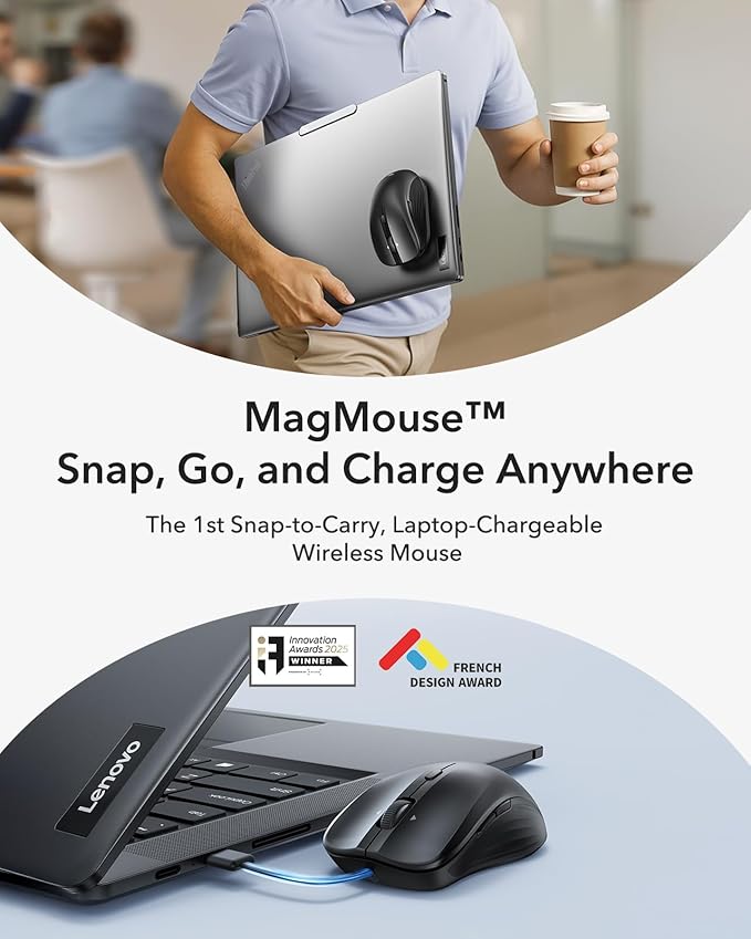 ESR MagMouse Snap-to-Carry Bluetooth Mouse, Rechargeable Wireless Mouse for Laptop with Built-in Charging Cable, Reusable Adhesive Holder, BT 5.0 + 2.4 GHz Connectivity, Silent, Ergonomic, Black
