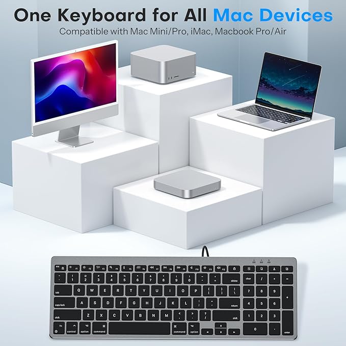 OMOTON Wired Keyboard Compatible with Mac, with Dual Interface (USB and Type-C), Numeric Keypad Compatible with MacBook Pro/Air, iMac, Mac mini/Pro Laptop, Grey