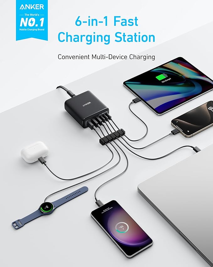 Anker Desktop Charger, Fast Charging USB C Charger with 112W Max 6-Port Desk Accessories for Home Office, Campatible with Multiple Devices, iPhone, iPad, MacBook, Galaxy and More (Cable Not Included)