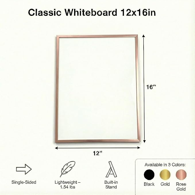 Small Whiteboard 12 x 16 Inch Magnetic Dry Erase Board with Stand & Wall Mount | Rose Gold Aluminum Frame | Desktop Board for Home, Office, Reception, Events | 2 Markers, Eraser & 2 Magnets