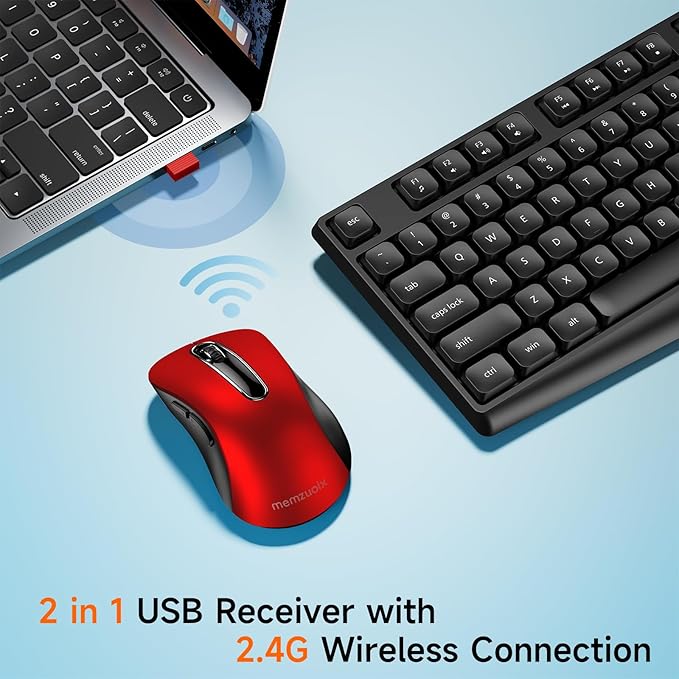 Wireless Keyboard and Mouse Combo, memzuoix 2.4G Full-Size Ergonomic Keyboard Mouse Set, Lag-Free Cordless One USB Receiver for PC, Laptop, Windows, Mac(Black Keyboard + Red Mouse)
