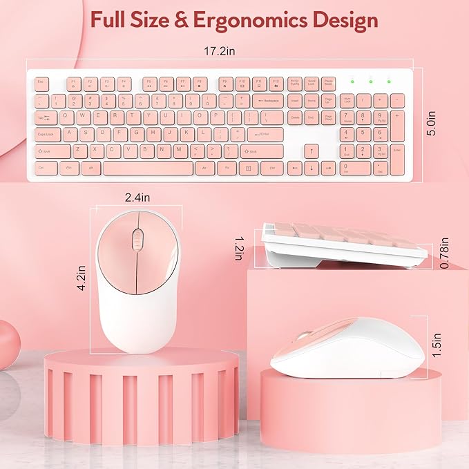 Trueque Wireless Keyboard and Mouse Combo - Full-Size Quiet Keyboard with Palm Rest, Phone Holder, Multimedia Keys, Power Switch, Batteries Included, Compatible with Windows, PC, Laptop (Pink & White)