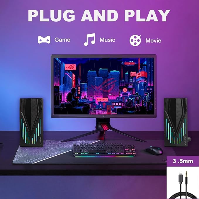 Black Wired Computer Speakers, USB Powered Gaming Speakers with Zero-Lag Audio, Dynamic RGB Lighting, 3.5mm Aux Cable for PC Desktop Monitor Laptop Tablet