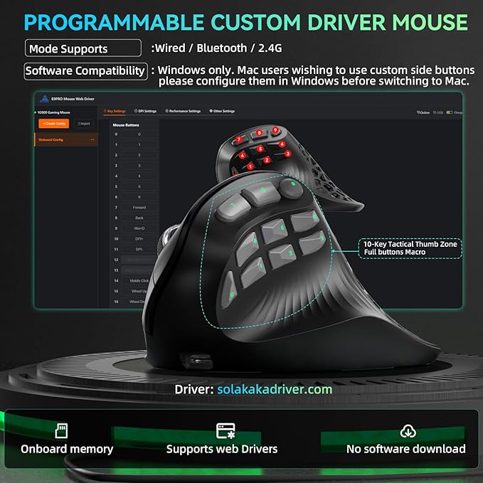 SOLAKAKA E9 PRO Vertical MMO Gaming Mouse with 8K Dongle- 36000 DPI PAW3395 Sensor,8,000Hz Polling Rate,Tri-Mode Ergonomic Wireless Mouse with 10 Side Buttons,RGB Mouse for PC/Mac - Black