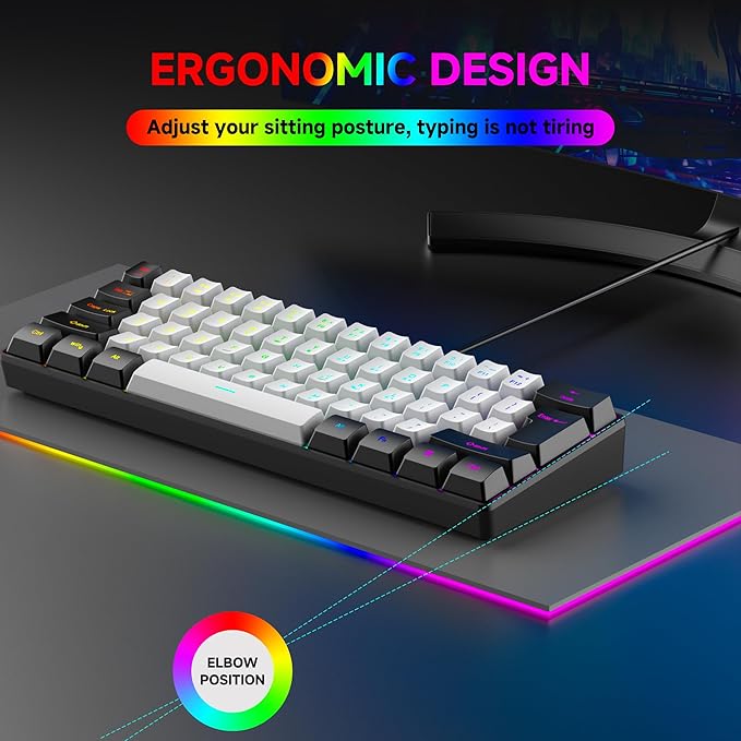61-Key Compact RGB Gaming Keyboard – 60% Layout, Ergonomic Membrane Keys, 8-Color Backlight, Plug & Play for PC/Laptop (Windows 10/8/7)