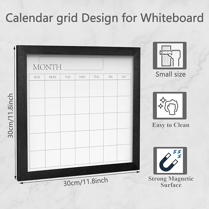 Umtiit Monthly Calendar Dry Erase Whiteboard 11.8 x 11.8 inch(30 x 30 cm), Black Wood Frame, Magnetic Surface Whiteboard for Planning/Schedule/School Timetable/Memo(YLBB-3030BK,US)