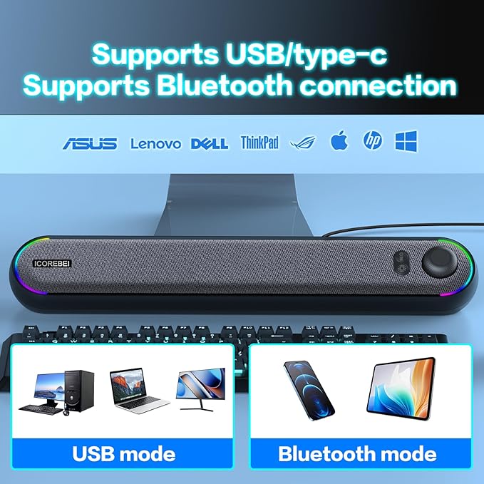 Desktop Computer Speakers, Stereo Soundbar, Bluetooth 5.3, USB/Type-C Power and Audio Transmission, Plug-and-Play, Compatible with PC, Mac, Laptops, Monitors, RGB Lighting, Wired Gaming Speakers