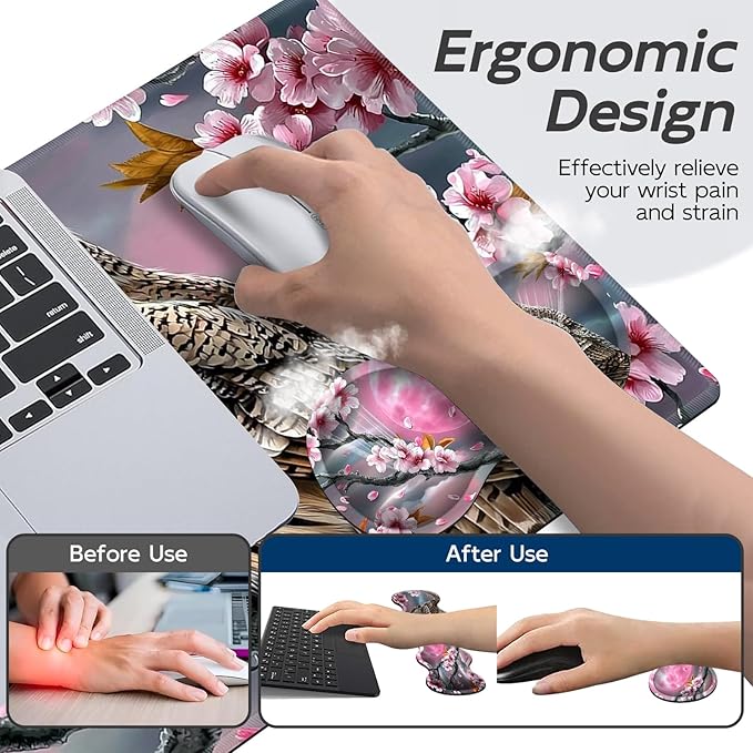 Gaming Mouse Pad Set, Cherry Tree Owl Large Desk Mat Mousepad, Keyboard Wrist Support, Mouse Wrist Rest, Coaster 4in1 Ergonomic Memory Foam, Non-Slip Stitched Edge for Home Office
