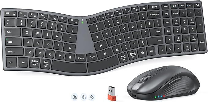 MEETION New Ergonomic Keyboard and Mouse, Director Q Split S-Curve Design, 2.4G Wireless & Dual Bluetooth, Slim Low-Profile Keys 4 DPI Mouse Rechargeable Full Size for Windows Mac PC Laptop Computer