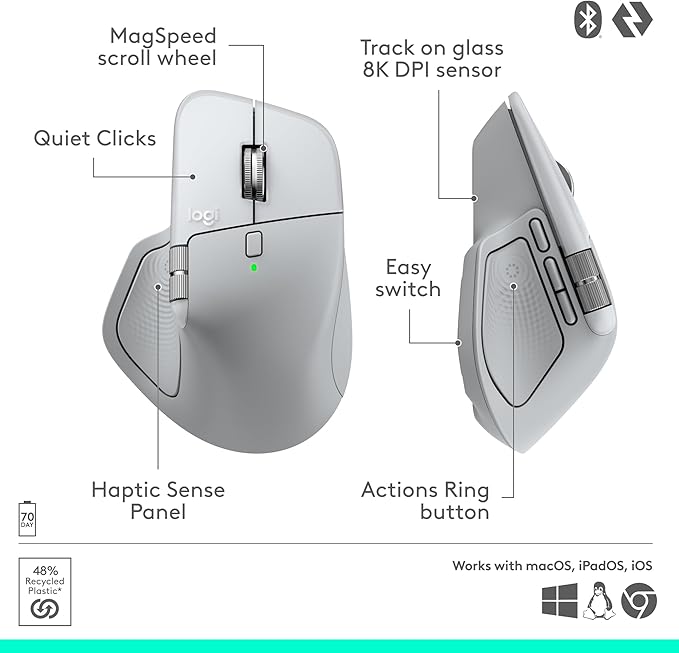Logitech MX Master 4 for Mac, Ergonomic Bluetooth Mouse with Advanced Performance Haptic Feedback, Ultra-Fast Scrolling, USB-C Charging, MacOS, iPadOS, Windows - White Silver