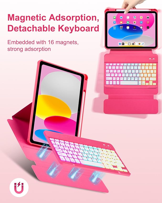 Case with Keyboard for iPad A16 11th 10th Generation 11/10.9 inch,Rainbow Backlit Detachable Keypad Rotatable Magnetic Cover with Pencil Holder for iPad 11 2025 10 Gen 2022 Watermelon Red