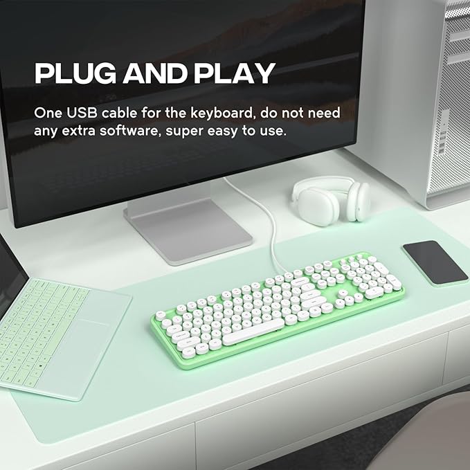Computer Keyboard Wired, Plug and Play USB Retro Round Typewriter Keyboard, Full Size Wired Keyboard with Foldable Stands for Laptop and Office PC- Green&White Colorful