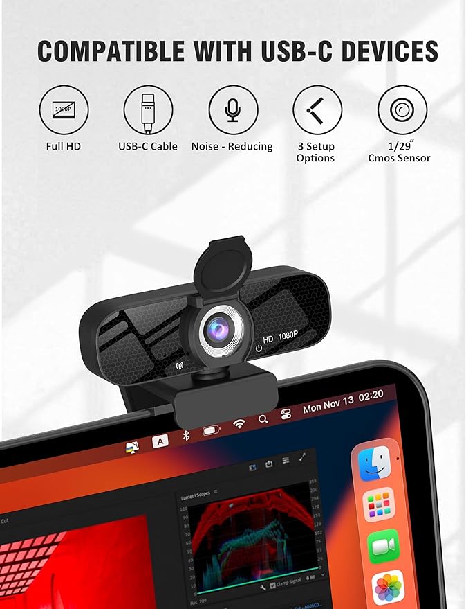 1080P HD Webcam with Built-in Microphone, Rotatable Tripod, Wide-Angle Lens,Privacy Cover, Auto Light Correction, Plug & Play USB-A Webcam for Laptop, Desktop, PC, Streaming-Black