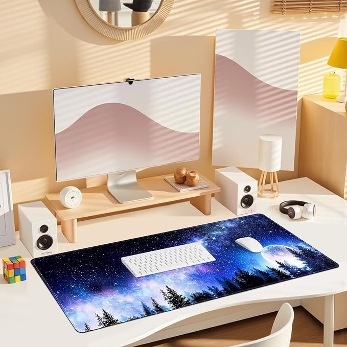 Mouse Pad, Cute Cool XXL Large Desk Mat for Desk Cover, Anti-Slip Big Mousepad with Stitched Edges, Keyboard Mat for Computer Desktop Table Protector I Galaxy Moon Pines
