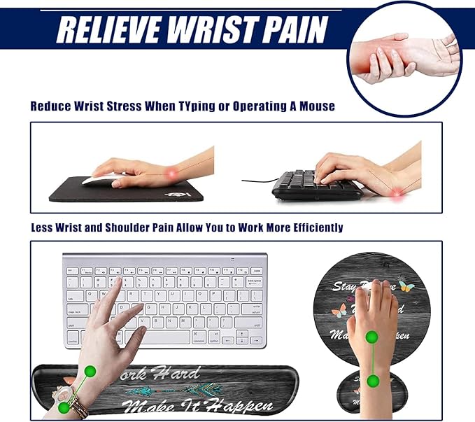 Stay Positive Mouse Pad with Wrist Support Inspirational Mousepad Memory Foam Keyboard Wrist Rest Ergonomic Mouse Mat Work Hard and Make It Happen Carpal Tunnel Typing Pain Relief Non-Slip Base