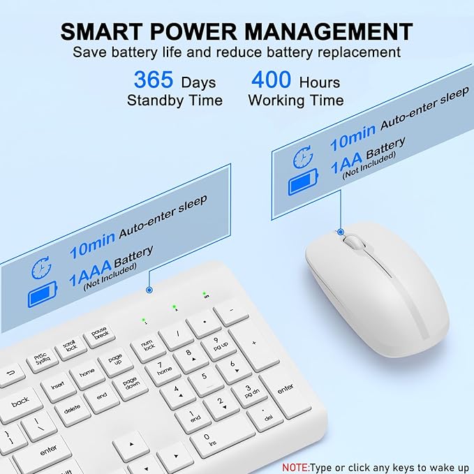 Wireless Keyboard and Mouse Combo, Full-Size Silent Ergonomic Keyboard and Optical Mouse, Long Battery Life, 2.4GHz Lag-Free Cordless Mice Keyboard for Computer, Mac, Laptop, PC, Windows(White)