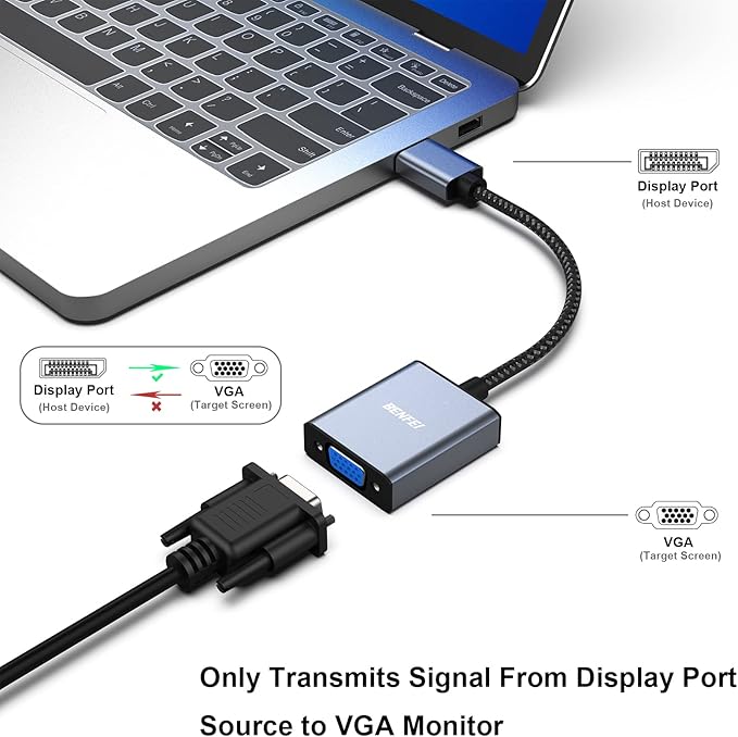 BENFEI DisplayPort to VGA Adapter, DisplayPort Input to VGA Output Adapter Compatible for Lenovo Dell HP and Other Brand[Gold-Plated Connectors, Aluminium Shell&Nylon Cable]