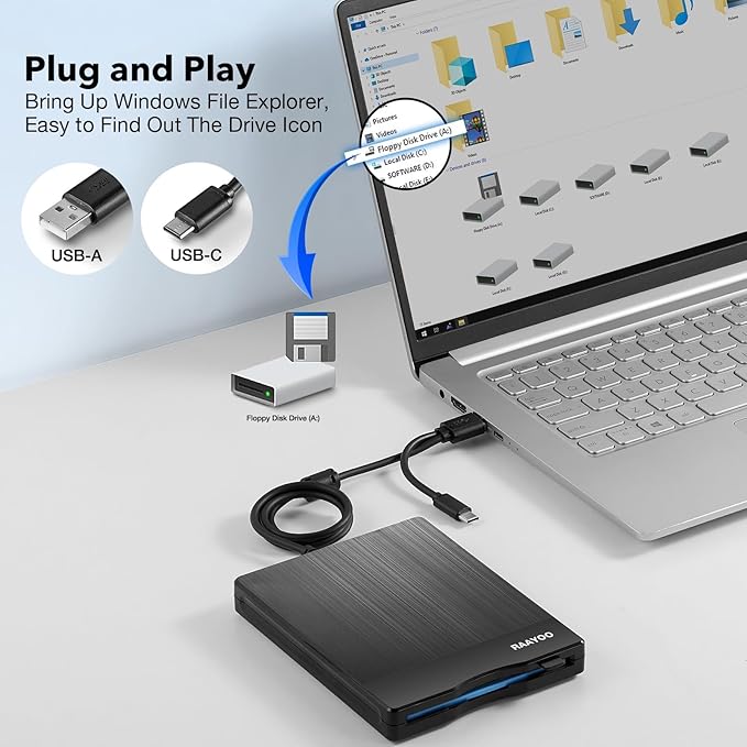 Floppy Disk Reader 3.5 inch USB Floppy Disk Drive External 3 1/2 floppy disc reader Portable Floppy Diskette Drive USB C For PC Laptop Notebook Computer With Windows 11/10 (Brushed Texture, 3.5 inch)