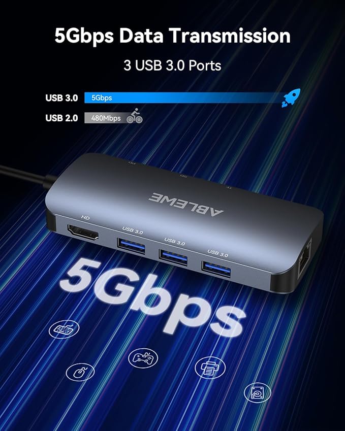 ABLEWE USB C Hub Ethernet, Multiport USB C to HDMI Hub, 8 in 1 4K@60Hz USBC Adapter,1000Mbps, 100W PD, 3 USB 3.0 Ports, Docking Station Compatible for MacBook, Tablet, Phone, Type C Devices