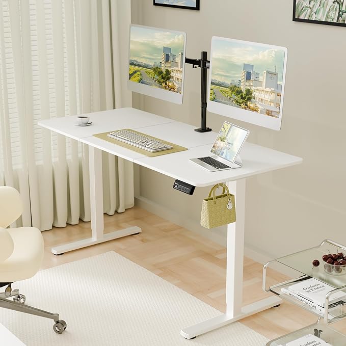 ERGOMAKER 55" Electric Standing Desk, Adjustable Height, Sit Stand Up Desk for Home Office & Computer Workstations, Memory Controller, White