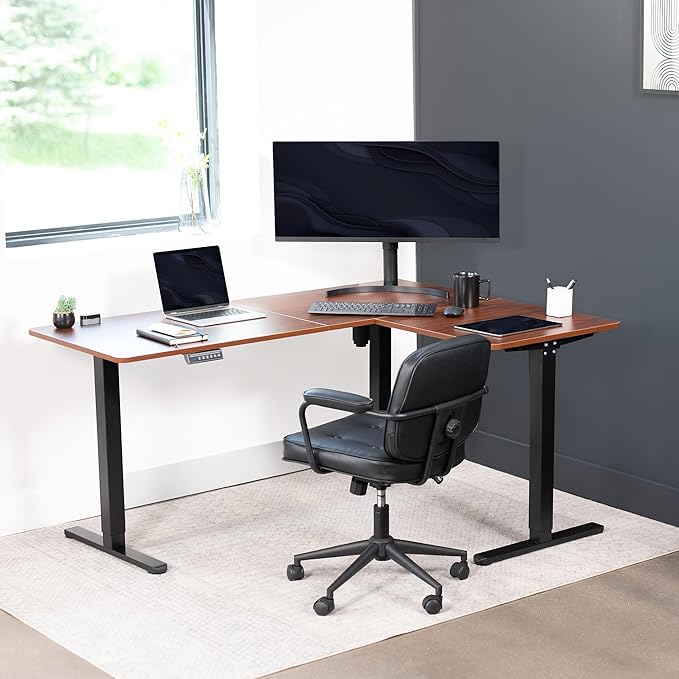 VIVO Corner Standing Desk, 63 x 47 inch Reversible L-Shaped Workstation, Electric Height Adjustment, Home, Office, and Reception Rooms, Dark Walnut Table Top Black Frame, DESK-E3CTD-47