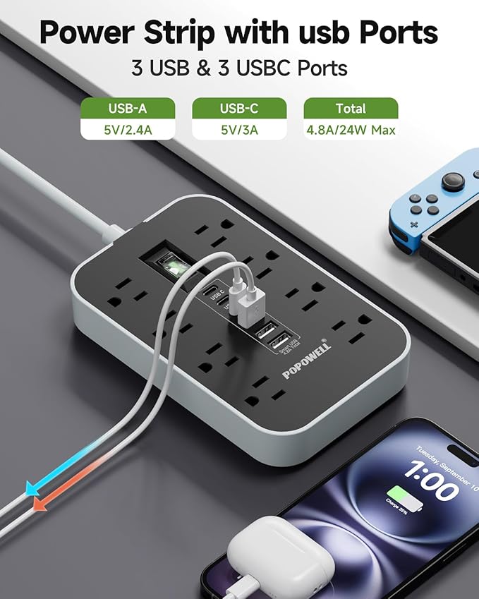 15FT Extension Cord- Power Strip Surge Protector with 8 AC Outlet & 6 USB Charging Block（3 USBC, Ultra Thin Flat Extension Cord 15 feet,1080 J Surge Protection for Home,Office, Desk Essentials.