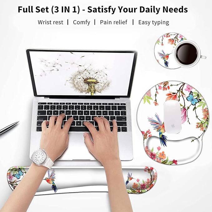 Keyboard Wrist Rest and Mouse Pad with Wrist Support, Ergonomic Gel Mouse Pad Coaster, Comfortable Lightweight for Easy Typing Pain Relief, Memory Foam Keyboard Mousepad Set,Hummingbird Flower