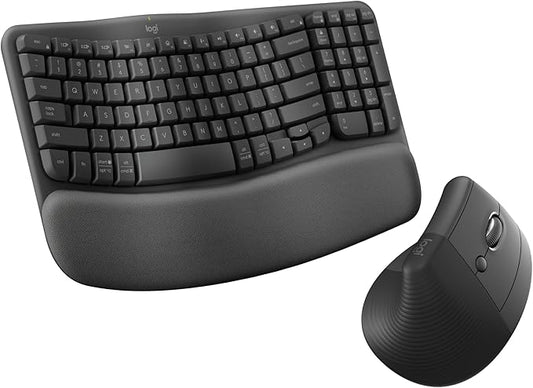 Logitech Wave Keys & Lift Vertical Mouse - Ergonomic Bundle — Wireless Keyboard with Cushioned Palm Rest & Vertical Wireless Mouse - Easy-Switch, Bluetooth, for Multi-OS, Windows/Mac - Graphite