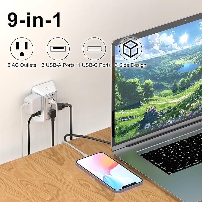 3-Sided Outlet Extender with Night Light - POWRUI Multi Plug Outlet with 5 Outlets and 4 USB Ports(1 USB-C), USB Wall Charger for Home, Office, Travel, ETL Listed, White