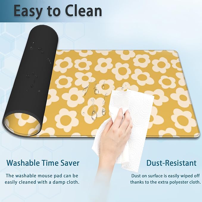 Desk Mat, Vintage Groovy Yellow Flowers Extended Gaming Mouse Pad Large, Big Desk Mat with Non-Slip Base and Stitched Edge, Long Computer Keyboard Mouse Mat for Home Office Work 31.5"x15.7"