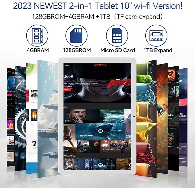 Tablet 10.1 Inch 128 Storage+1TB Expand 2 in 1 Android Tablets, Tablet with Keyboard Case Mouse, 5G Dual WiFi, GPS, Octa Core, HD Touchscreen,13MP Dual Camera, Bluetooth, 7000 mAh Battery -Silver