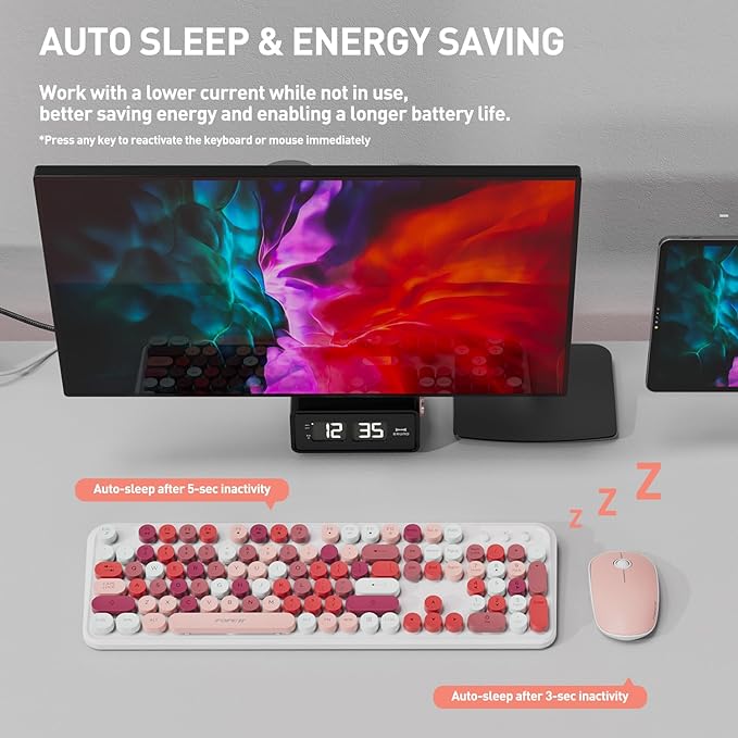 Cute Retro Wireless Keyboard and Mouse Combo with Round Key, 2.4Ghz Dropout-Free Connection, Typewriter Wireless Keyboard and Mouse Set for PC, Laptop, Desktop Computer - Pink Colorful
