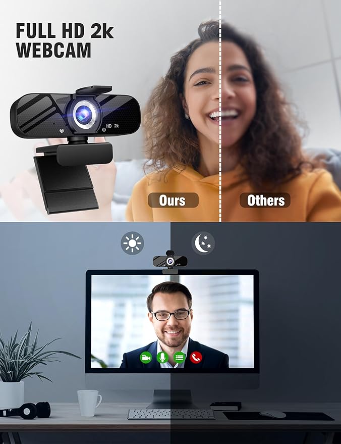 Tewiky Full HD Webcam with Built-in Microphone and Rotatable Tripod, 2K Video and Wide Angle Camera, Privacy Cover, for Desktop PC or Laptop Computer