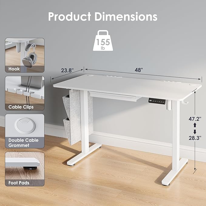 48" x 24" Electric Standing Desk with Drawers, Height Adjustable Sit Stand Desk with 3 Preset Heights Side Hook Storage Pocket Cable Clips Ergonomic Rising Home Office Computer Table, White