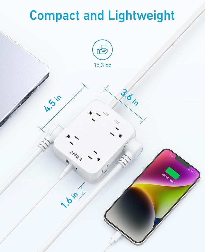 Anker Surge Protector Flat Plug Power Strip 2000J, 5ft Thin Extension Cord, 8 Outlets,2 USB A and 1 USB C Port,20W for iPhone15,Wall Mount,Compact for Home,Office,Room,TUV Listed (Pack of 2)