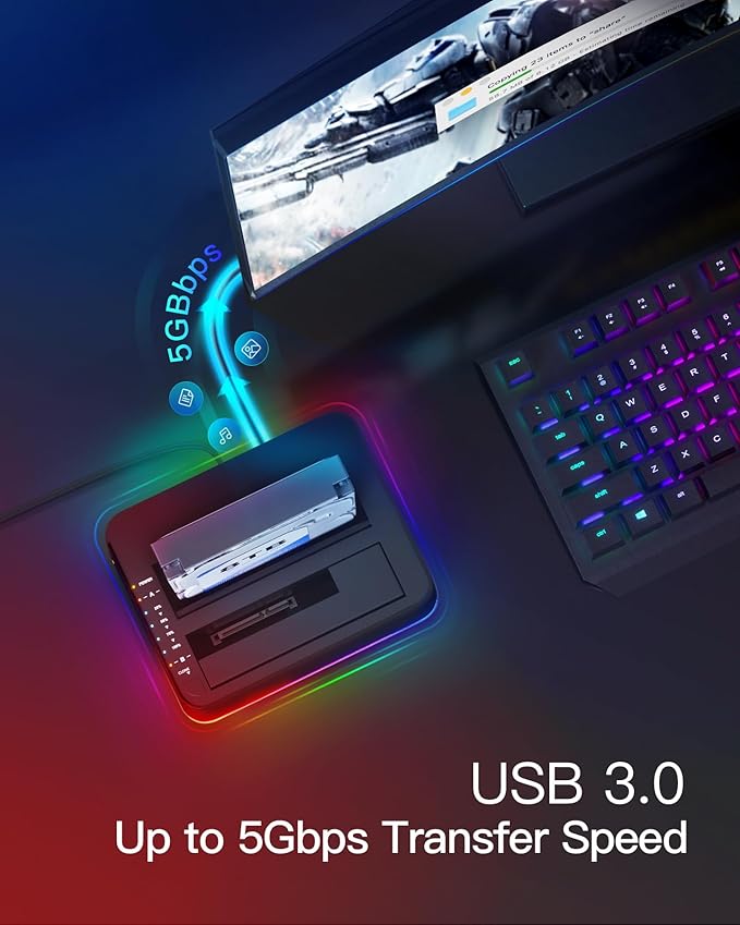 Inateck RGB USB 3.0 USB-C Port Hard Drive Docking Station with Offline Cloning, for 2.5/3.5 Inch SATA HDDs and SSDs, 2 x 20TB Dual Bay Docking Station, UASP Supported, SA02003C