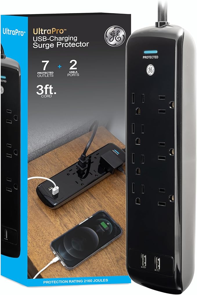 GE Pro 7-Outlet Surge Protector, 2 USB Ports, 3 Ft Extension Cord, 1780 Joules, 2.1 AMP/10 Watt, 3 Adapter Spaced Outlets, Flat Plug, Wall Mount, Warranty, ETL Listed, Black, 37054