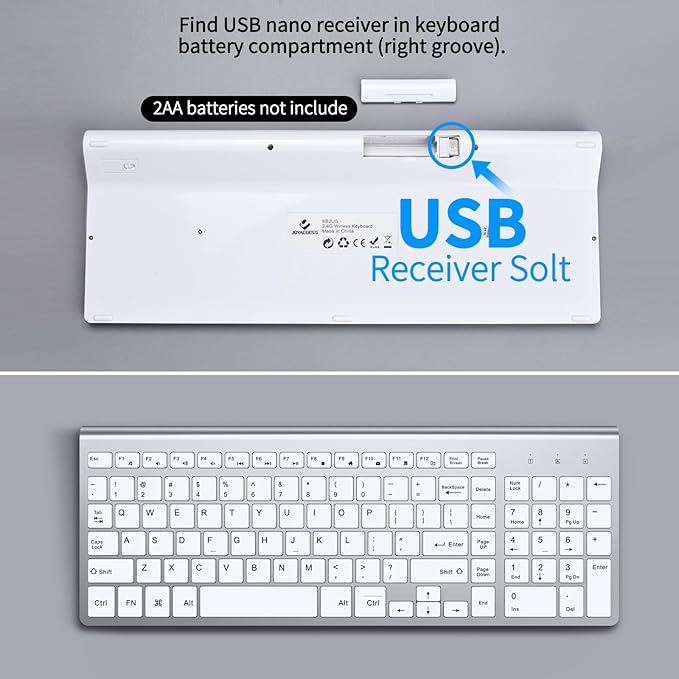 JOYACCESS J Wireless Keyboard, 2.4G Slim and Compact Wireless Keyboard with Numeric Keypad for Laptop, MacBook air, Apple, Computer, PC-Sliver&White