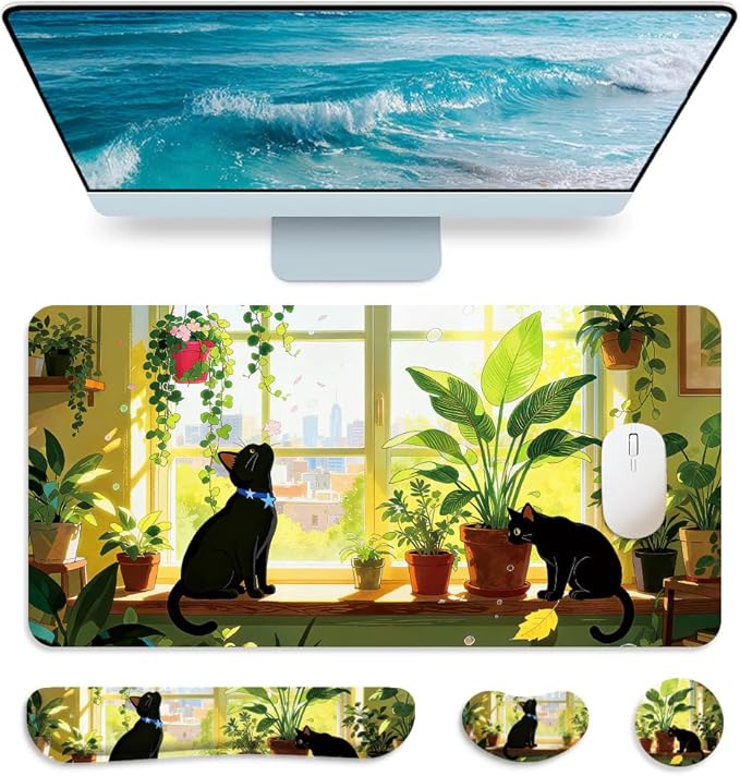 4 in 1 Large Keyboard Wrist Rest Pad, Ergonomic Wrist Rest Set, Cup Coaster, Extended Desk Mat for Home Game Office Desk Decor Accessories(Plant&Cat Pattern)