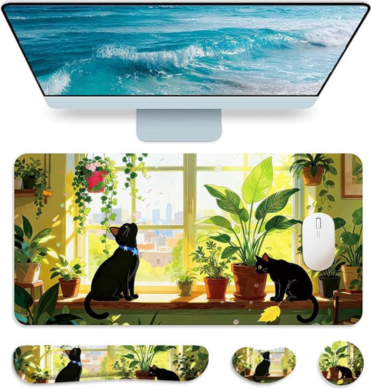 4 in 1 Large Keyboard Wrist Rest Pad, Ergonomic Wrist Rest Set, Cup Coaster, Extended Desk Mat for Home Game Office Desk Decor Accessories(Plant&Cat Pattern)