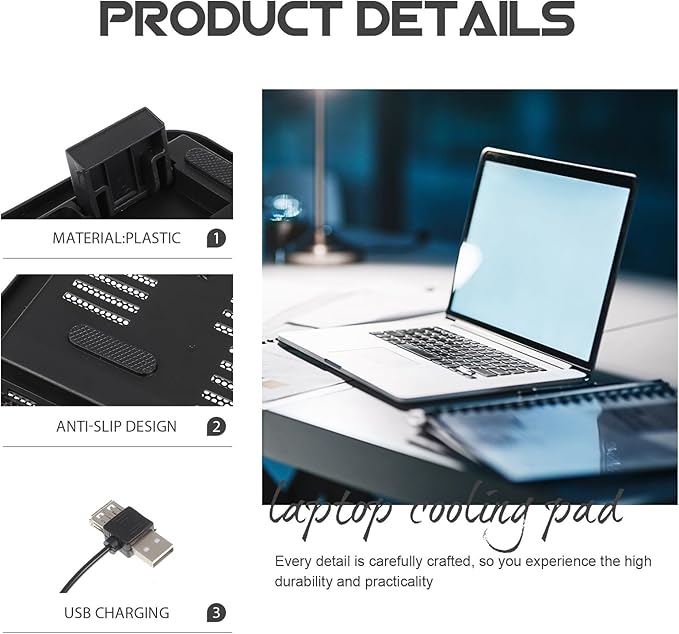 Silent Laptop Cooling Pad with Anti-Slip Fan Cooler and Adjustable Stand for Gaming Notebooks, Black, Suitable for Desktop and Travel Use