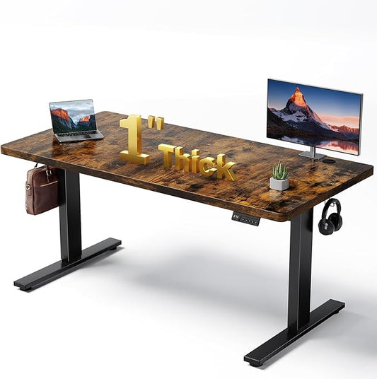 1 Inch Thick Tabletop Electric Standing Desk Adjustable - 60x28 Inch Sit Stand Desk, Double Beam Frame, 3 Memory Height Adjustment, Cable Management for Home Office