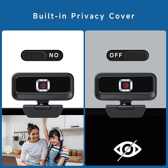 4K Webcam for PC, Computer Camera for Desktop, USB Webcam with Tripod,2 Noise Reduction Mics, Built-in Privacy Cover, for PC/Zoom/Skype/Team/Laptop/MacBook/Windows